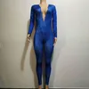 Stage Draag Rhinestone Decoratie jumpsuit vrouwen verjaardag vieren stretch kostuum blauw hoog elastische bodysuit performance dance show dj946