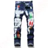 Jeans Chino Calças Calças Mens Calças Stretch Close-fitting Calças Lavadas Reta Skinny Bordado Patchwork Rasgado Tendência Marca Motocicleta Jeans-f15