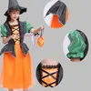 Flicka klänningar barn halloween kostym häxa cosplay kontrast färg klänning mössa godis väska maskerad fest roll spela barn kläder