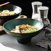 Bowls 8-inch Japanese Ceramic High-foot Bowl Black Green Dinner Plate Home Large-capacity Noodle Soup Salad Restaurant Tableware