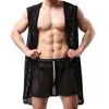 Mäns Sleepwear 2st/Lots Mens Hooded Robe Shorts Pants Mesh Fishnet Se genom nattkläder Lång nattklänning Löst pyjamas nattklänning Bath