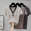 Women's T Shirts Women Striped Shirt Casual Lace V-Neck Tops 2023 Summer Harajuku Short Sleeve Korean Fashion Camiseta Feminina Top