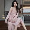 Vestido de seda de seda de roupas de sono feminino elegante e elegante vestido de calça de azar de cetim sexy Cardigan Lace Robe Pijamas de verão para mulheres de manga cheia