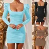 Vestidos casuais primavera senhoras sexy decote quadrado elegante bainha plissada mini vestido de festa para mulheres preto franzido bodycon vestido casual