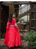 Runway Indie Folk Peacock Embroidery Red Christmas Dress Women's V-Neck Lantern Sleeve High Waist Bow Scarf Cotton Long Dresses 2023