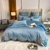 Beddengoedstijl Europees luxe katoen bloemen borduurwerk blauw set dekbedovertrek bedden sprei platte plaatkussencases 4pcs #//