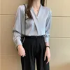 Women's Blouses Satin Pearl Button V-Neck Chiffon Women's Blouse Solid Loose Elegant Long Sleeve Office Lady 2023 Fashion Female Top