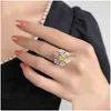 Wedding Rings Fashion Charm Flower Inlay Square Yellow Crystal Zircon Adjustable Size Two Tone Jewelry For Women Engagement Drop Del Dhy5O