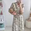 Casual Dresses Korean Chic Retro midja V-hals Floral Chiffon Dress Long Kjol Spring Mid-Calf A-Line Office Lady Chiffoncasual