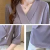 Women's Blouses Korean V-neck Shirt Female Chiffon Tops And Blouse Blusas Mujer De Moda 2023 Verano Elegant White Purple Skew Collar Solid