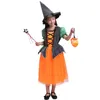Vestidos de menina crianças fantasia de halloween witch cosplay contraste color vestido boné de doces saco de doces de bawada de festas de festas