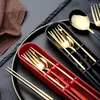 Dinnerware Sets 3PCS/Set Portable Cutlery Set Stainless Steel Gold Tea Spoon Fork Chopsticks With Box Lunch Travel Tableware