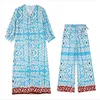 Casual Dresses Casaul Ethnic Print Half Sleeve Dress Trousers Sets Women Fashion Pants Suits 2023 Summer Lady Single Breasted Robe OutfitsCa