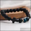 Brins perlés Bracelet de perles d'agate noire mate de haute qualité en pierre naturelle pour hommes à la main élastique réglable bracelet de charme croisé Dhqtx