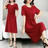 Party Dresses Summer Midi Dress Women Casual Draw String O-Neck Everyday Vintage 2023 Short Sleeve Solid Color Woman Red