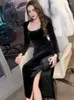 Casual Dresses 2023 Elegant Sexy Woman Long Dress Black Velvet Square Collar Backless Bow Hollow Cut Out Slit Slim Robe Lady Gown Party