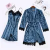 MENHO DO SLUCE Feminino 2pcs/set women Velvet pijamas de banheira de renda sexy e camisa de camisa elegante vestido brilhante e ladras de roupas caseiras de roupas caseiras