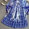 マキシドレスの女性バットウィングスリーブ青と白の磁器プリントボヘミアン休暇ファッションデザイナーサマードレス段faldas 2023