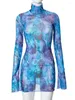 Robes décontractées Mesdames Mesh See Through Club Wear Y2K Vêtements Tie Dye Imprimer Manches Longues Fente Latérale Moulante Mini Pour Les Femmes Fête De Vacances