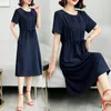 Party Dresses Summer Midi Dress Women Casual Draw String O-Neck Everyday Vintage 2023 Short Sleeve Solid Color Woman Red