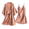 Women's Sleepwear Nightgown Sets Womens 2pcs Robe Suit Spring Nighty Wear Pajamas Sexy Strap Nightwear Sleep Kimono Bath Gown Homewear