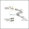 Colares de pingentes de colar de ros￡rio longo preto/dourado para homens mulheres a￧o inoxid￡vel cadeia de contas cruzadas para homens j￳ias de presente 418 dh2oy