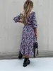 Casual Kleider Herbst V-ausschnitt Lange Blumen Kleid Für Frauen Slim Sleeve Split Print Weibliche Boho Elegante Maxi Party Vestidos