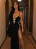 Casual Kleider Ailigou 2023 Frauen Spaghetti Strap Sexy V-ausschnitt Diamant Schnalle Ausschnitt Enge Hohe Split Lange Verband Kleid Promi teil