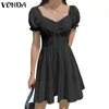 Vestidos casuais vestido de verão curto 2023 Vonda Mulheres Vintage Flare Square Neck Party Color Solid Vestidos Robe Femmecasual