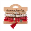 Charm Bracelets 4Pcs/Lot Bohemian Vintage Bodhi Beads Chains Set For Women Hand Of Fatima Tassel Wristband Fashion Jewelry Gift 166 Dhcvb