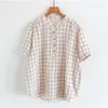 Kvinnors blusar Lamtrip Sweet Pink Plaid Soft Cotton Garn Short Lantern Sleeve Stand Collar Shirt Top 2023 Summer