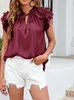 Werkjurken zomer brede mouw ruche veter pullover blouse elegante vaste v-hals katoen linnen top vrouwen casual kantoor shirt streetwearwor