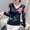 女性用Tシャツ＃8041ブラックメッシュフラワープリントシャツ女性レトロTシャツ女性長袖VネックタイトストリートウェアTシャツレディース韓国