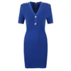 Luxury Designers Elastic Knitted Dress Women Mini Sweater short-sleeve dress mini dress gold-tone button royal blue hue V-neckline Y016