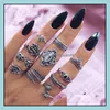 Cluster Rings Fashion Carve Antique Sier Midi Set For Women Turtle Crown Heart Lotus Knuckle Finger Female Bohemian Jewelry Gift Dro Otqx1