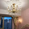 Lampadari Lampadario di cristallo dorato romantico francese Lampadario di lusso Villa El Hall Droplight Lampada a sospensione atmosferica in lega di zinco nordica per camera da letto E14