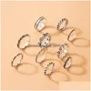 Cluster Rings Vintage Sier Color Flowers Joint Ring Sets For Women Hollow Heart Alloy Metal Wedding Jewelry 10Pcs/Sets Drop Delivery Dhr3Y