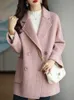 Spring Autumn Women Wool Blends Office Lady Turn-Down Collar Double Breasted Jacket Vintage Women Randig Woolen Jacket Coat 2023