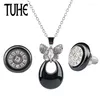 Necklace Earrings Set Fashion Jewelry Black White Color Ceramic Water Drop Crystal Butterfly Pendant Simple Round Stud For Women