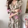 Casual Dresses One-Piece Summer Woman Daily Dress Vintage Floral Print Chiffon Korean Elegant V-Neck Long Sleeve Lace-Up