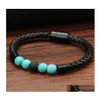 Charm Bracelets Mens Genuine Leather Lava Rock Bead Brackets For Women Natural Turquoise Essential Oil Diffuser Stone Magnetic Buckl Otsp2