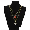 Collares colgantes Hombres S Egipcio Ankh Clave de la vida Conjunto de collar Bling Iced Out Cross Mini Gemstone Gold Sier Cadena para mujeres Hip Hop Dhzd6