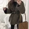 Kvinnors ull blandar mode höst vinter koreansk stil randig lapel kort jacka kvinnor tweed casual ullrock faller för tess22