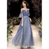 Abbigliamento etnico Donna Abito da sera blu scintillante con perline Abito lungo da cerimonia in tulle lungo fino al pavimento a trapezio