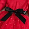 Flickaklänningar Little Girl's Long Sleeve Dress Christmas Red Velvet Mesh Yarn Stitching A-Line With Headband Xmas Feather Neck