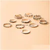 Cluster Rings Vintage Sier Color Flowers Joint Ring Sets For Women Hollow Heart Alloy Metal Wedding Jewelry 10Pcs/Sets Drop Delivery Dhr3Y