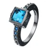 Bröllopsringar Sky Blue Square Crystal Vintage Black Gun Promise for Love Fashion Jewelry Gift Czech Zircon Engagement Ring Women