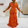 Abiti da sera a maniche lunghe a 3/4 arancione africano con applicazioni in pizzo Abito da cerimonia a sirena con scollo trasparente Aso Ebi Abiti per la madre della sposa