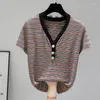 Women's T Shirts Women Striped Shirt Casual Lace V-Neck Tops 2023 Summer Harajuku Short Sleeve Korean Fashion Camiseta Feminina Top