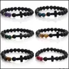 Brins perlés Bracelet de perles d'agate noire mate de haute qualité en pierre naturelle pour hommes à la main élastique réglable bracelet de charme croisé Dhqtx